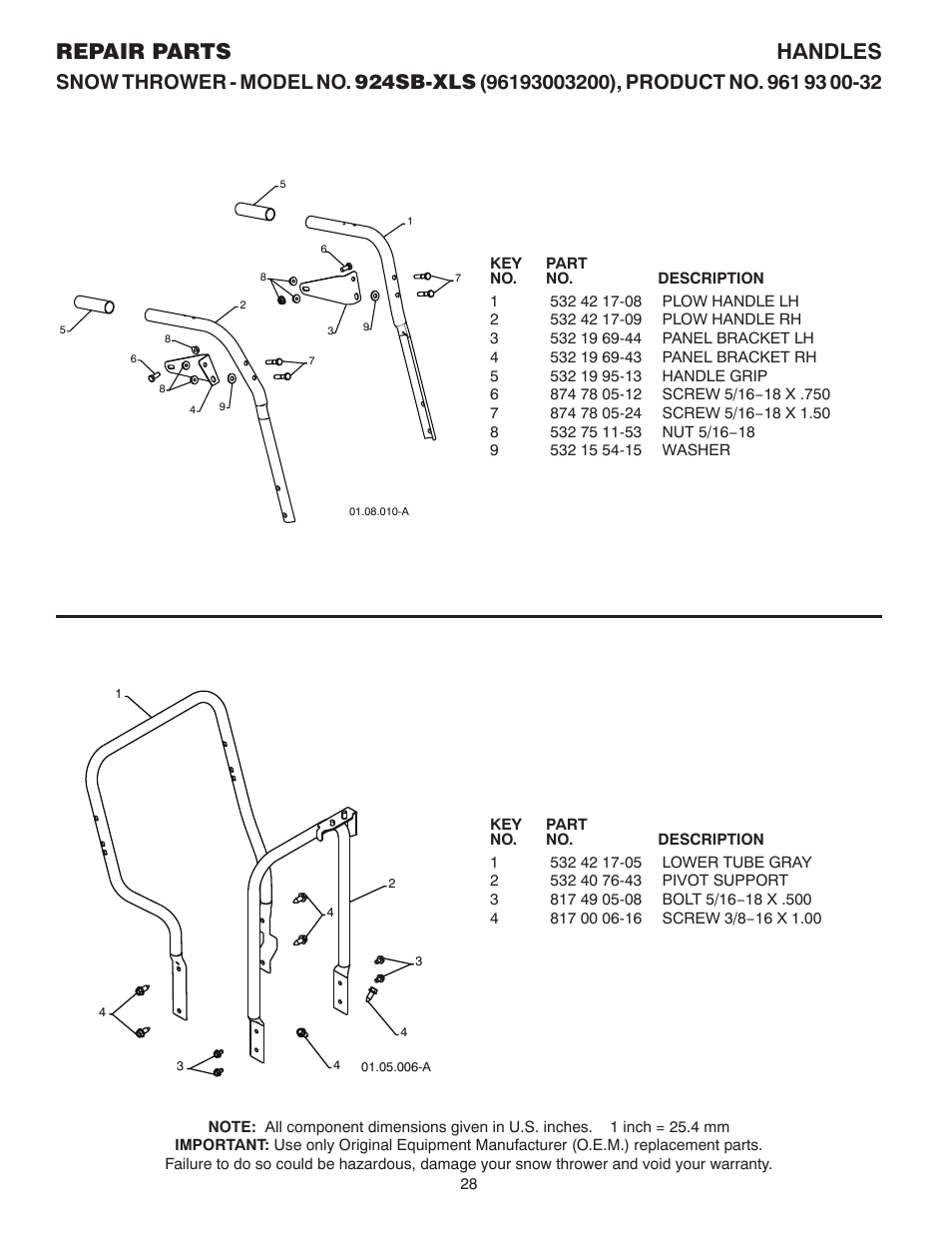 Handles, Handle support, Repair parts handles | Husqvarna 924SB-XLS User Manual | Page 28 / 40