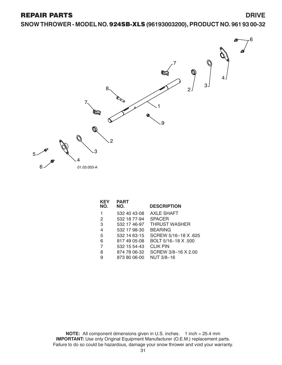 Axle shaft, Repair parts drive | Husqvarna 924SB-XLS User Manual | Page 31 / 40