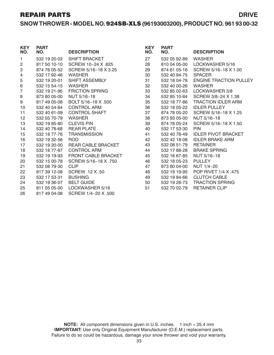 Repair parts drive | Husqvarna 924SB-XLS User Manual | Page 33 / 40