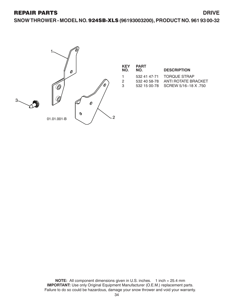 Torque strap, Repair parts drive | Husqvarna 924SB-XLS User Manual | Page 34 / 40