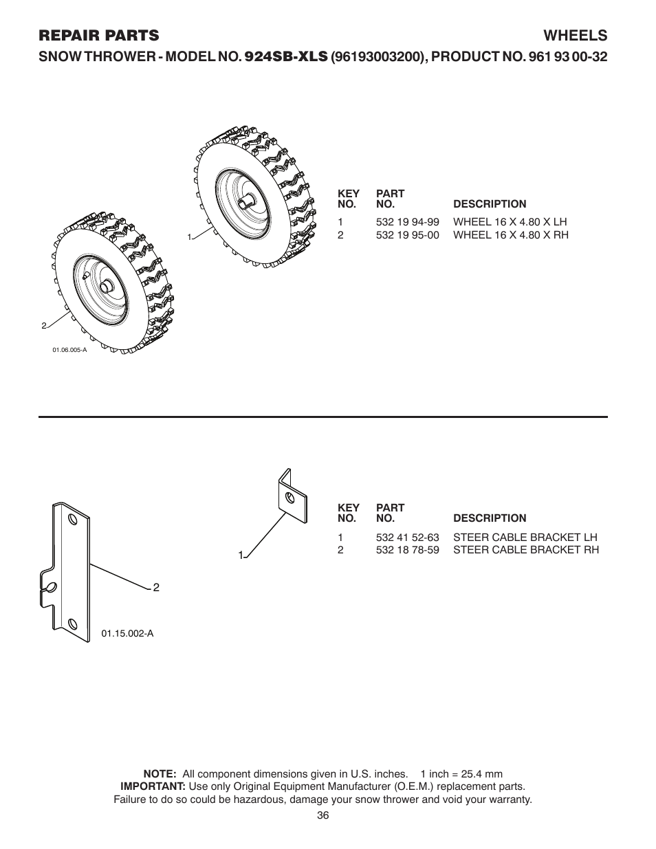 Wheels, Steering bracket, Repair parts wheels | Husqvarna 924SB-XLS User Manual | Page 36 / 40