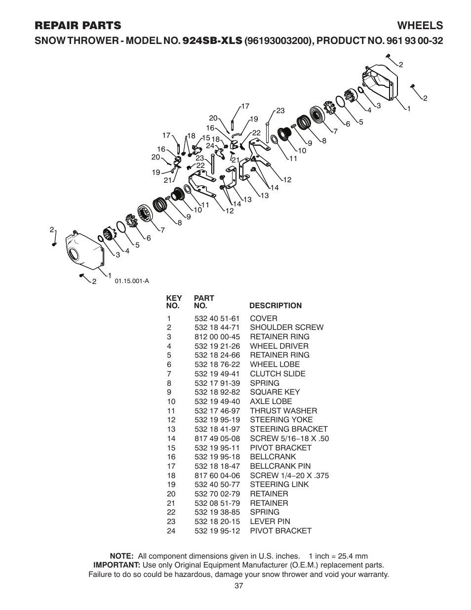 Steering, Repair parts wheels | Husqvarna 924SB-XLS User Manual | Page 37 / 40