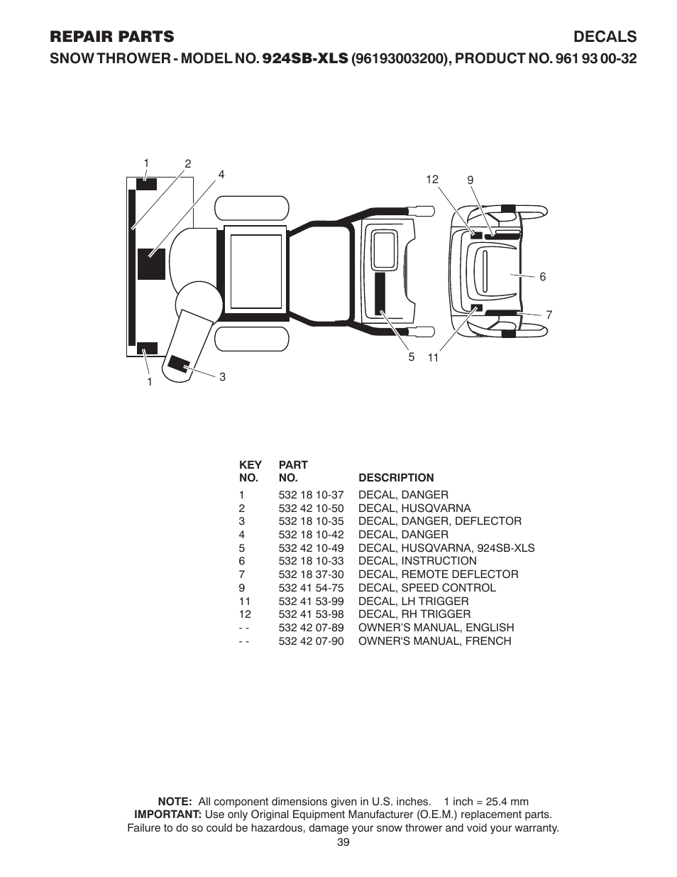 Decals, Repair parts decals | Husqvarna 924SB-XLS User Manual | Page 39 / 40