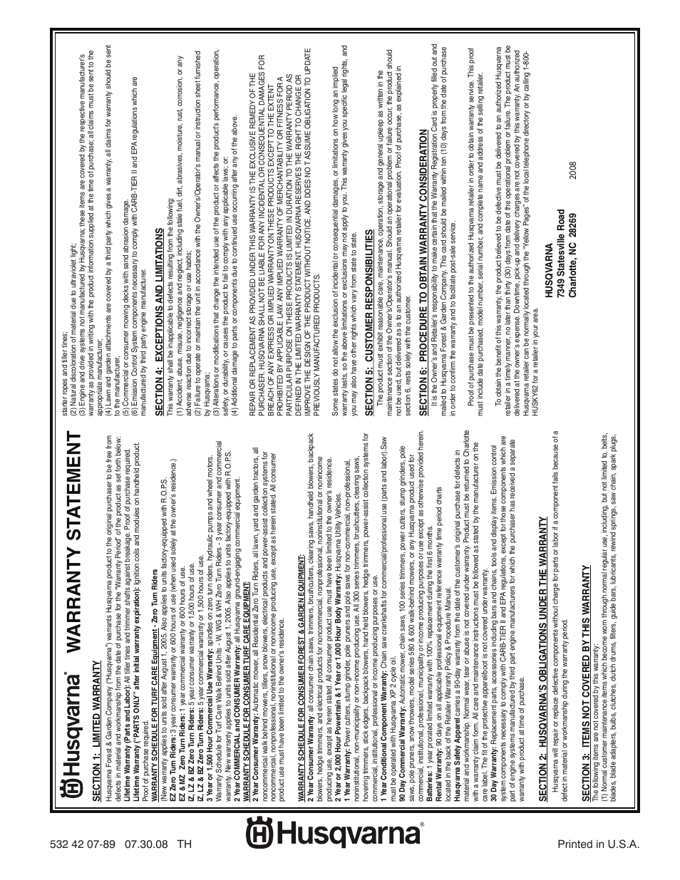 Warranty, Warranty st a tement | Husqvarna 924SB-XLS User Manual | Page 40 / 40