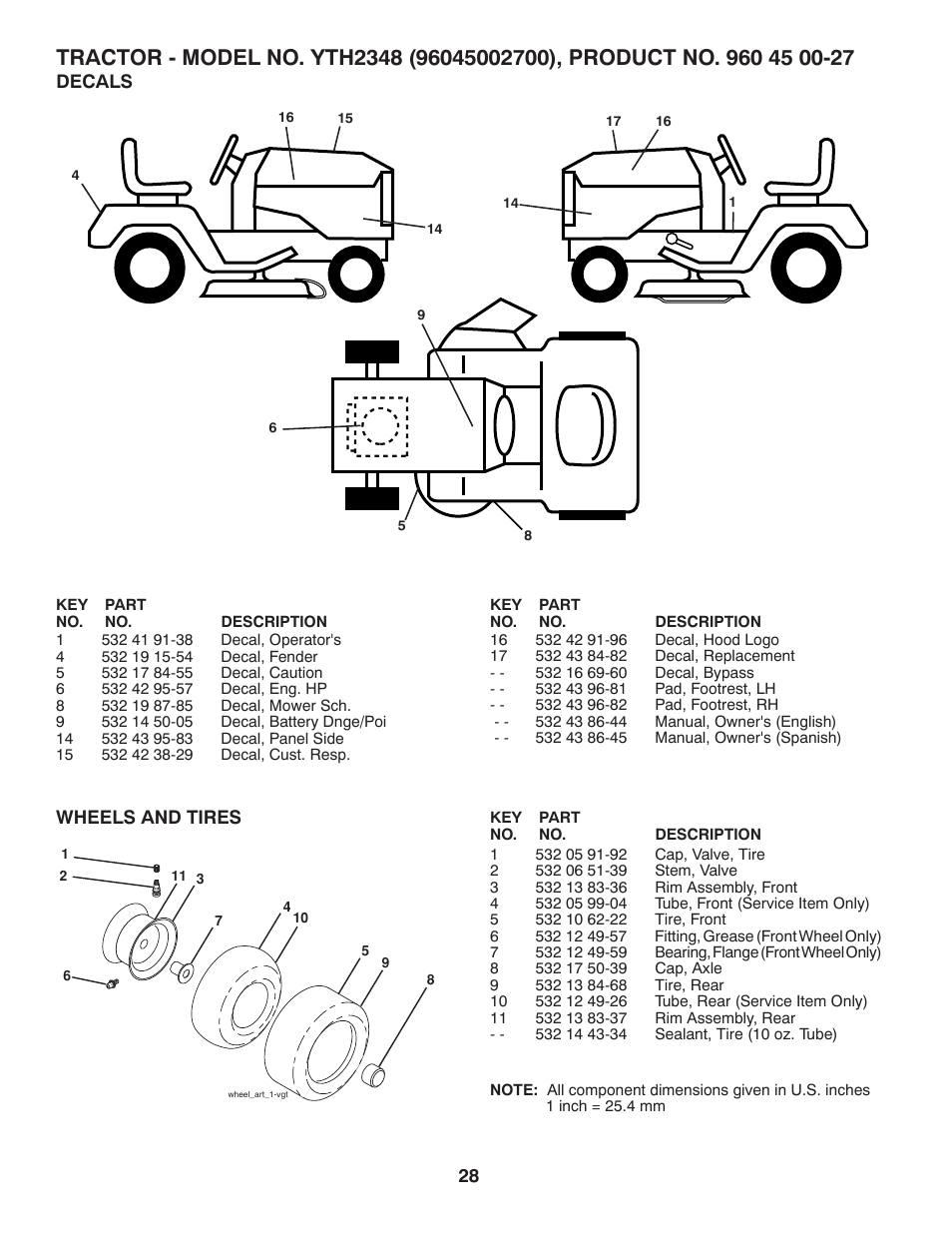 Repair parts, Decals, Wheels and tires | Husqvarna 96045002700 User Manual | Page 28 / 48