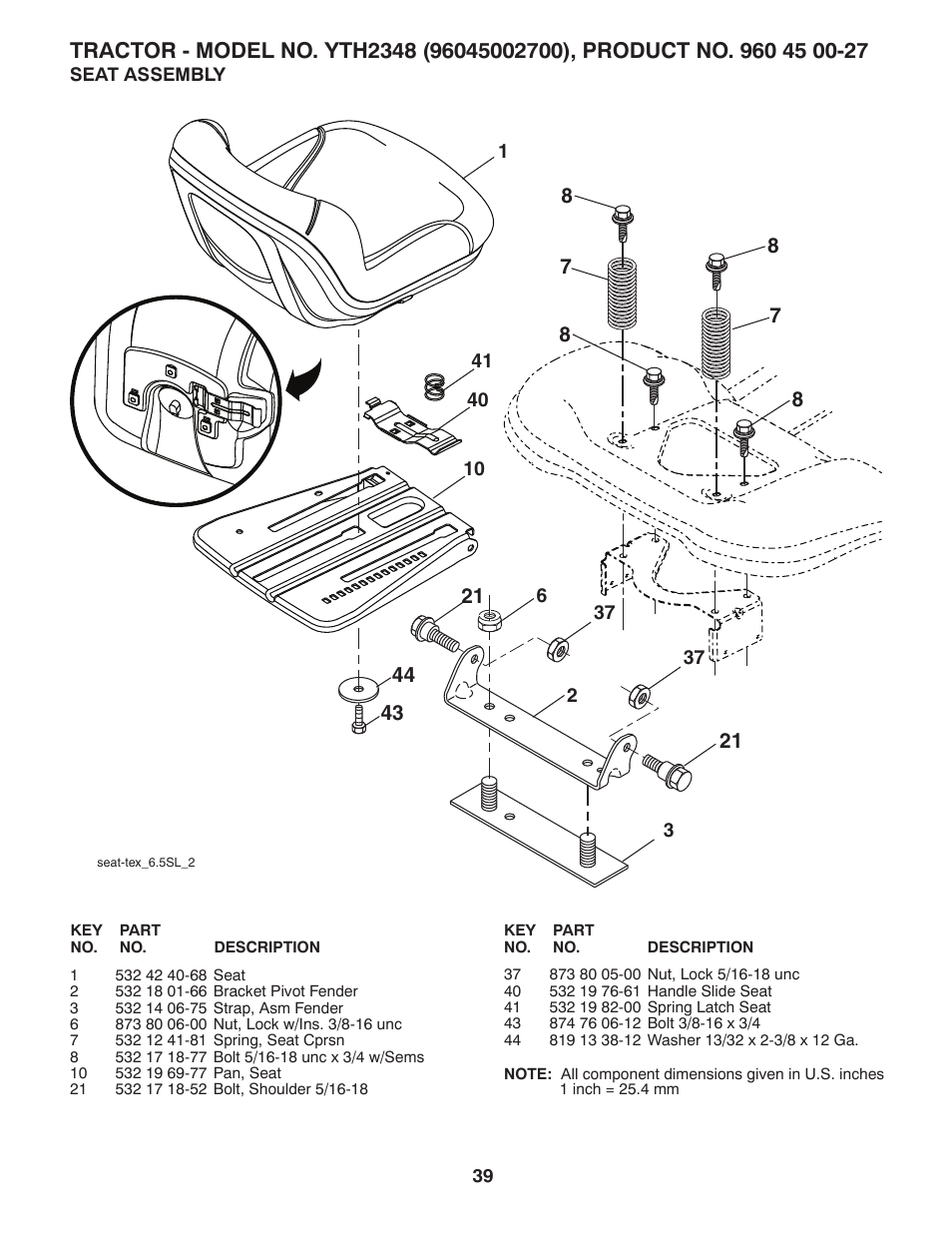 Seat assembly | Husqvarna 96045002700 User Manual | Page 39 / 48