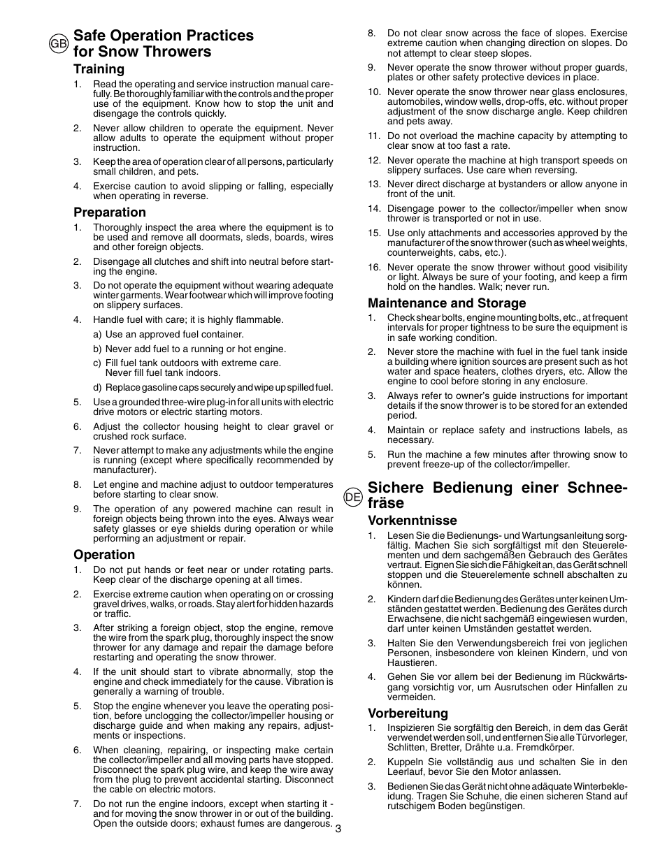 Safe operation practices for snow throwers, Sichere bedienung einer schnee- fräse, Training | Preparation, Operation, Maintenance and storage, Vorkenntnisse, Vorbereitung | Husqvarna 8024STE User Manual | Page 3 / 60