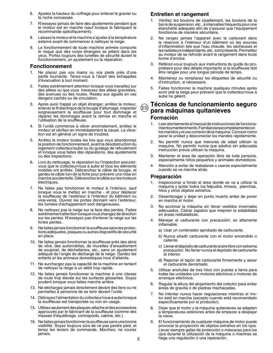 Fonctionnement, Entretien et rangement, Formación | Preparación | Husqvarna 8024STE User Manual | Page 5 / 60