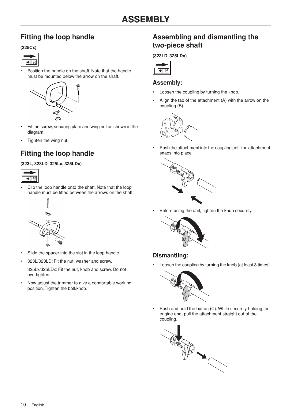 Fitting the loop handle, Assembling and dismantling the two-piece shaft, Assembly | Dismantling, Ab c | Husqvarna SPM1702SM User Manual | Page 10 / 36