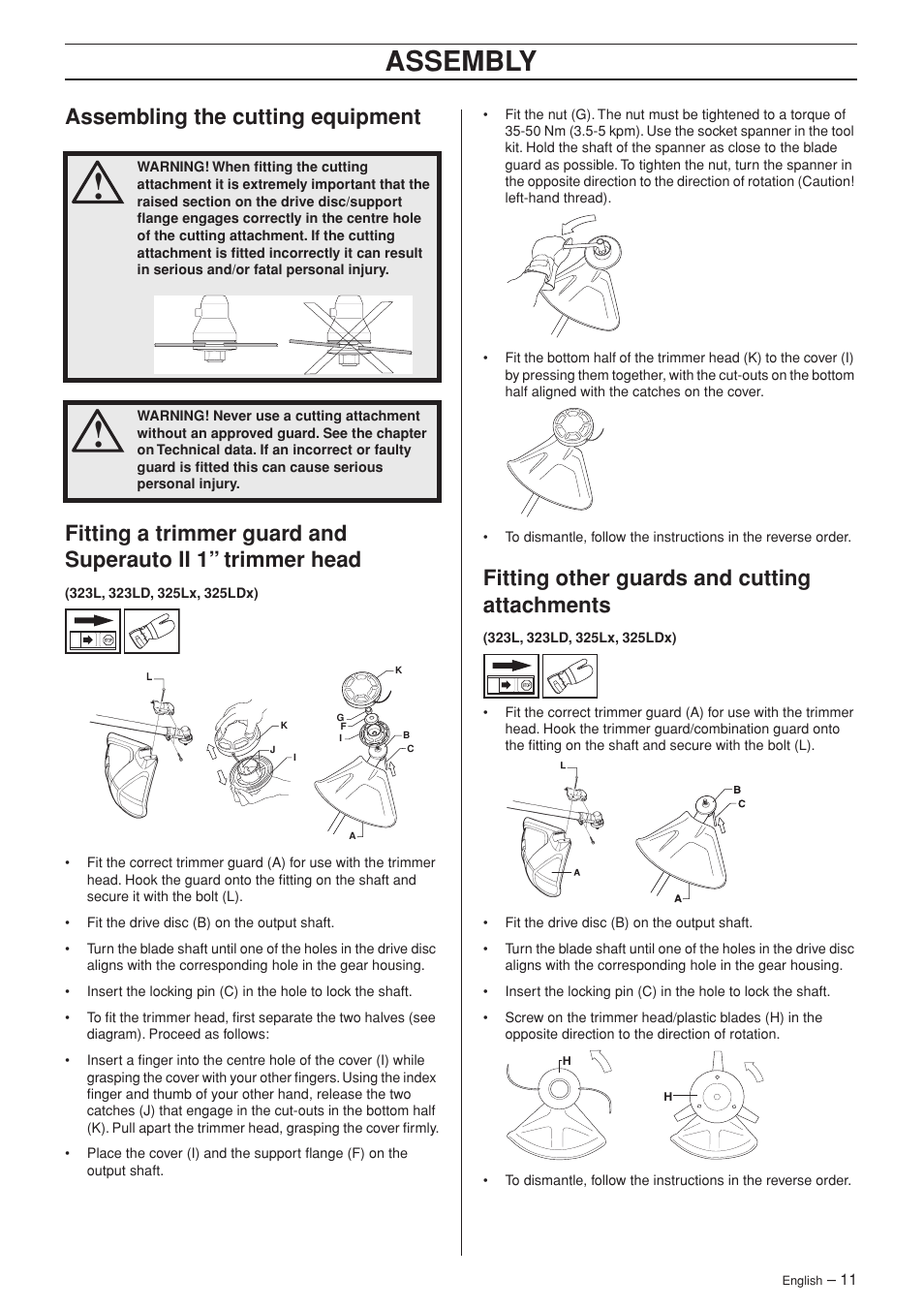 Assembling the cutting equipment, Fitting other guards and cutting attachments, Assembly | Husqvarna SPM1702SM User Manual | Page 11 / 36
