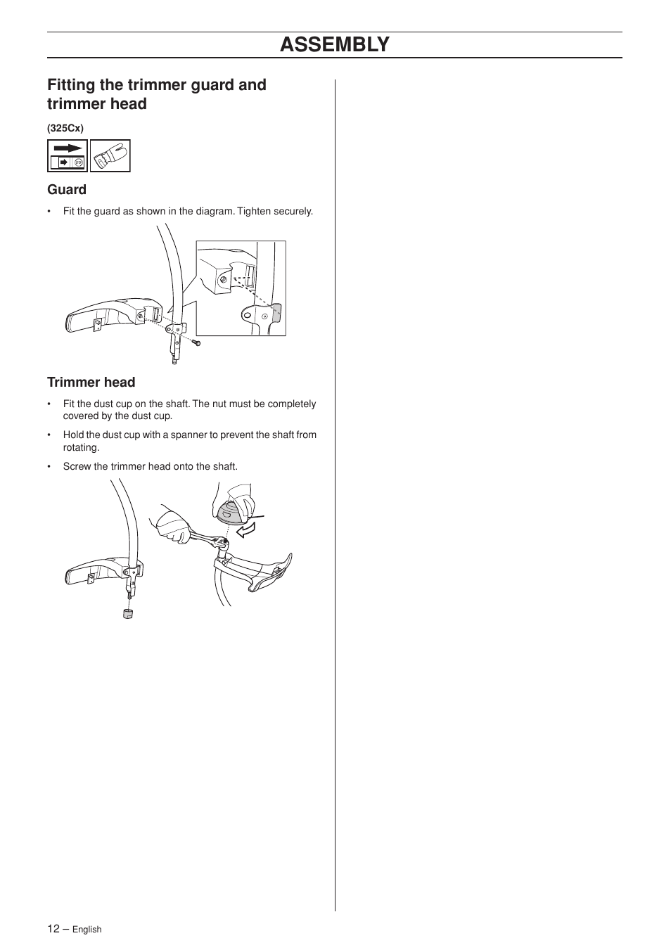 Fitting the trimmer guard and trimmer head, Guard, Trimmer head | Assembly | Husqvarna SPM1702SM User Manual | Page 12 / 36