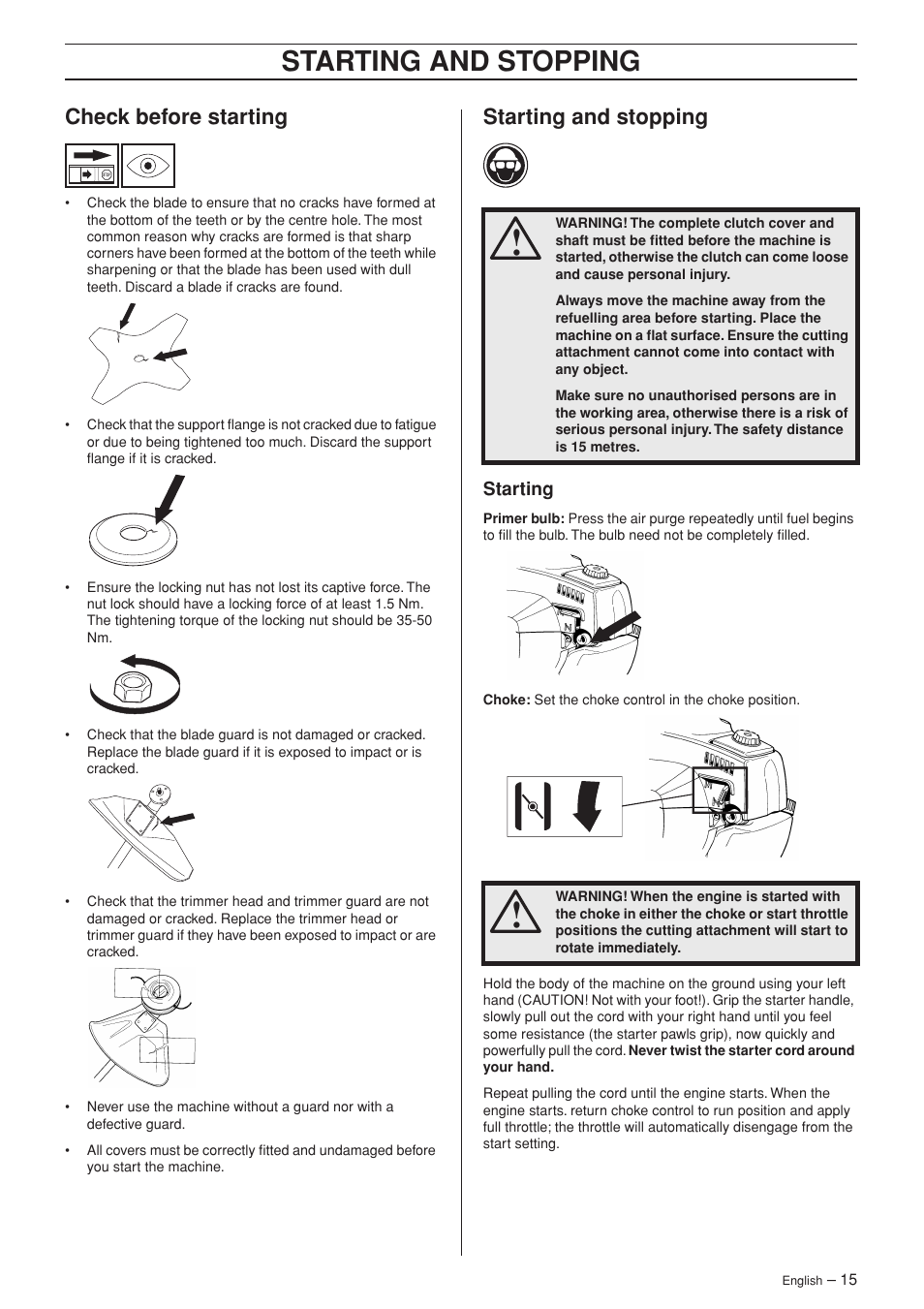 Check before starting, Starting and stopping, Starting | Husqvarna SPM1702SM User Manual | Page 15 / 36