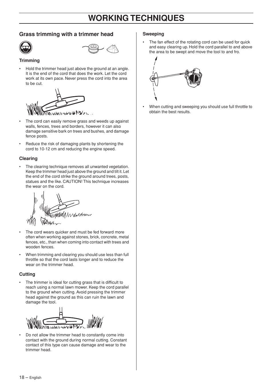 Grass trimming with a trimmer head, Working techniques | Husqvarna SPM1702SM User Manual | Page 18 / 36
