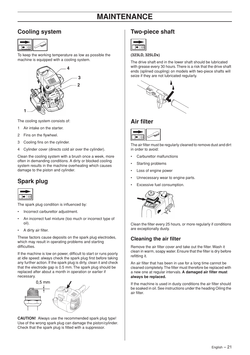 Cooling system, Spark plug, Two-piece shaft | Air filter, Cleaning the air filter, Maintenance | Husqvarna SPM1702SM User Manual | Page 21 / 36