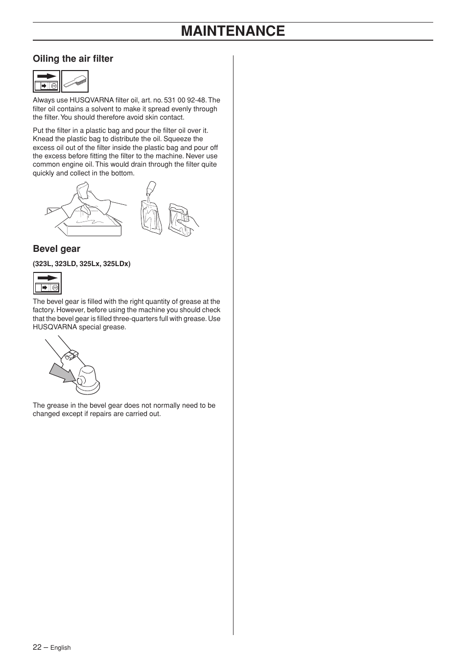 Oiling the air filter, Bevel gear, Maintenance | Husqvarna SPM1702SM User Manual | Page 22 / 36
