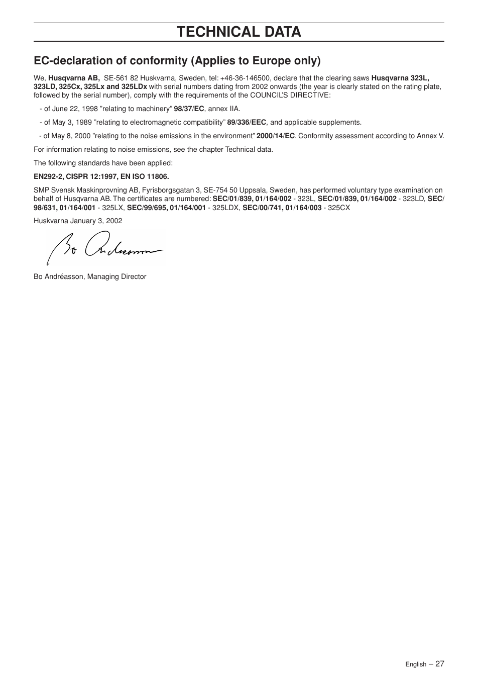 Technical data | Husqvarna SPM1702SM User Manual | Page 27 / 36