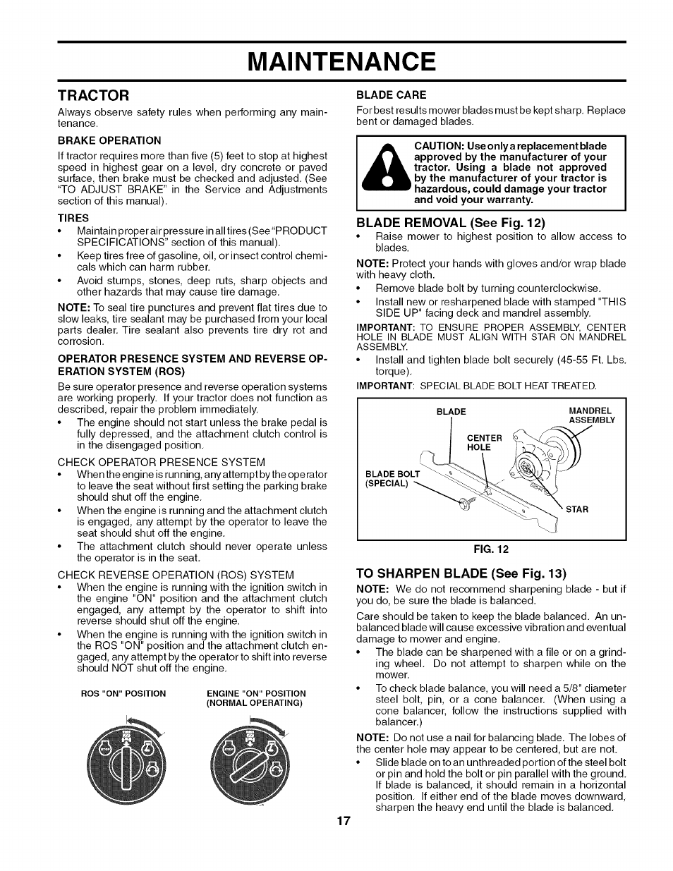Tractor, Blade removal (see fig. 12), To sharpen blade (see fig. 13) | Maintenance | Husqvarna 917.27909 User Manual | Page 17 / 48