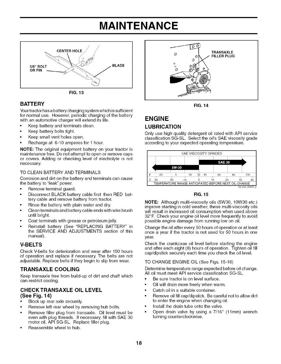 Battery, V-belts, Transaxle cooling | Check transaxle oil level (see fig. 14), Engine, Lubrication, Maintenance | Husqvarna 917.27909 User Manual | Page 18 / 48