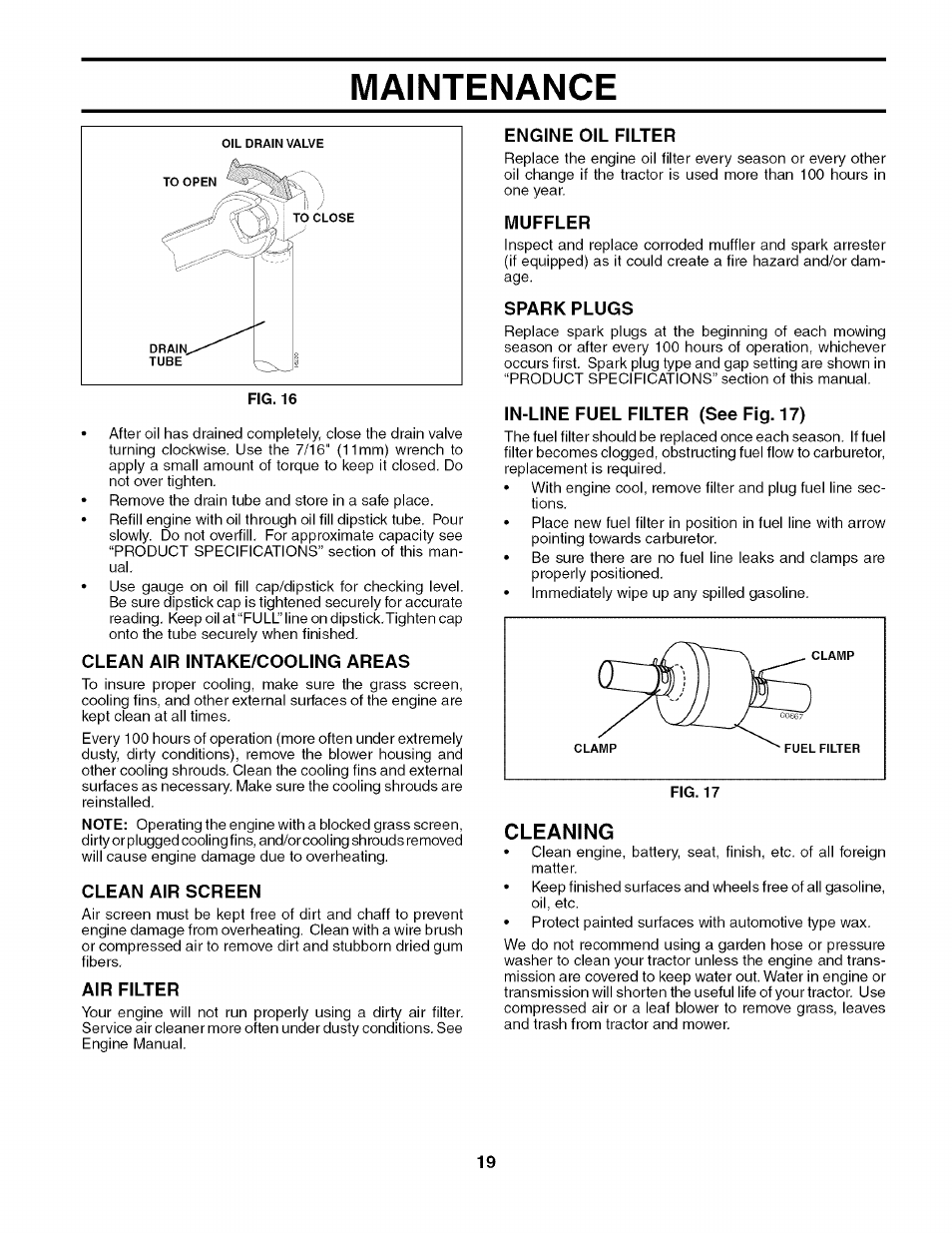 Clean air intake/cooling areas, Clean air screen, Air filter | Engine oil filter, Muffler, Spark plugs, In-line fuel filter (see fig. 17), Cleaning, Maintenance | Husqvarna 917.27909 User Manual | Page 19 / 48