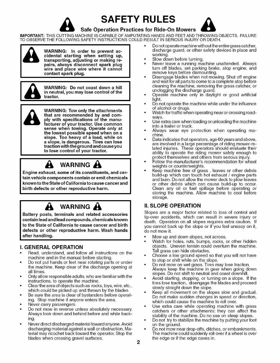 A warning a, Warning a, I. general operation | Ii. slope operation, Safety rules, Warning | Husqvarna 917.27909 User Manual | Page 2 / 48