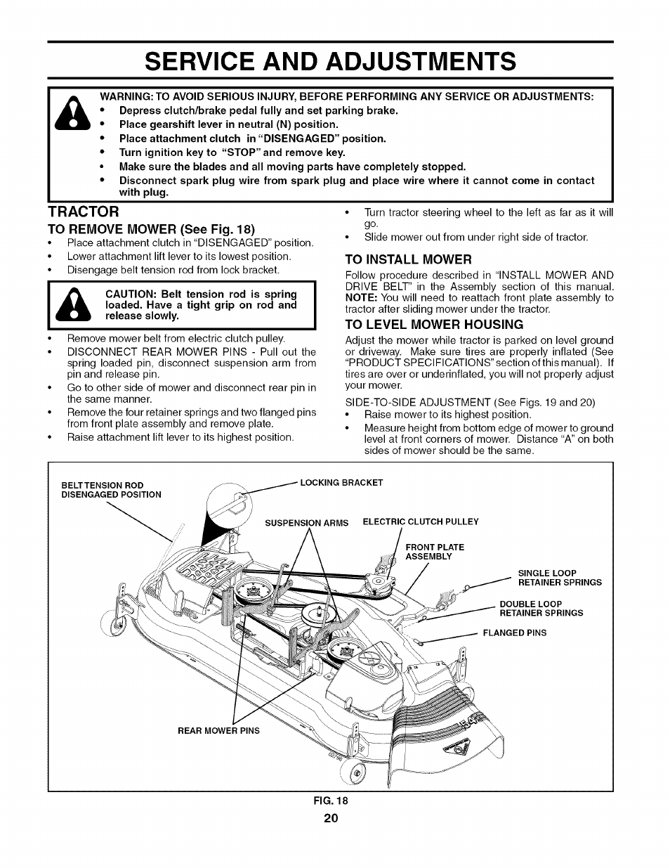 Tractor, To remove mower (see fig. 18), To install mower | To level mower housing, Service and adjustments | Husqvarna 917.27909 User Manual | Page 20 / 48