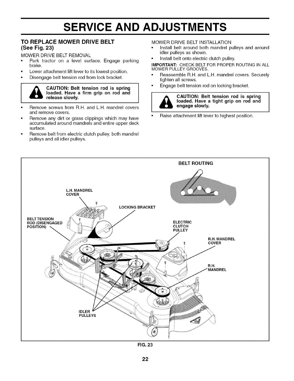 To replace mower drive belt (see fig. 23), Service and adjustments | Husqvarna 917.27909 User Manual | Page 22 / 48