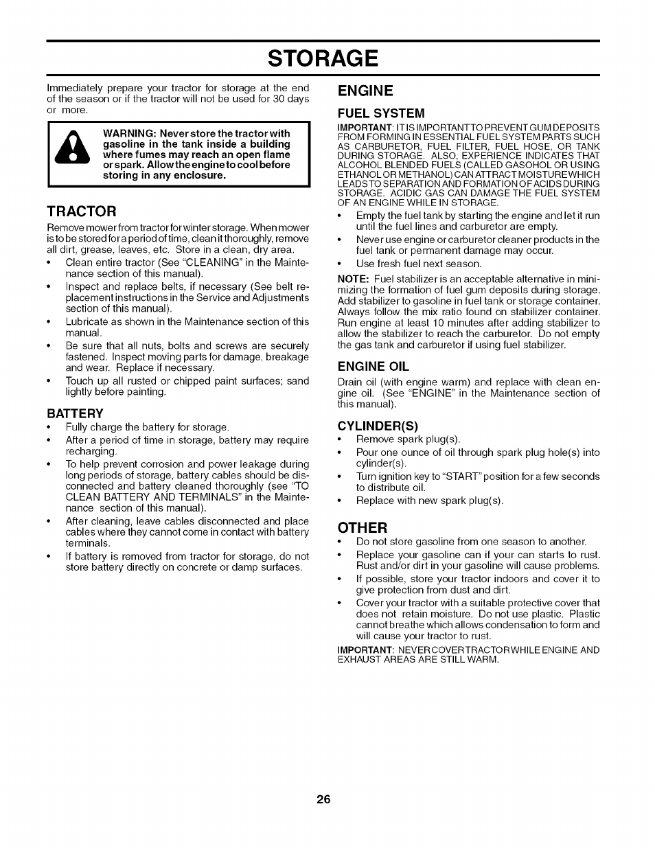 Tractor, Battery, Engine | Fuel system, Engine oil, Cylinder(s), Other, Storage | Husqvarna 917.27909 User Manual | Page 26 / 48