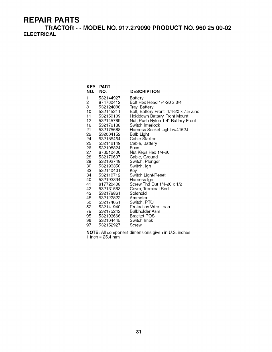 Electrical, Repair parts | Husqvarna 917.27909 User Manual | Page 31 / 48