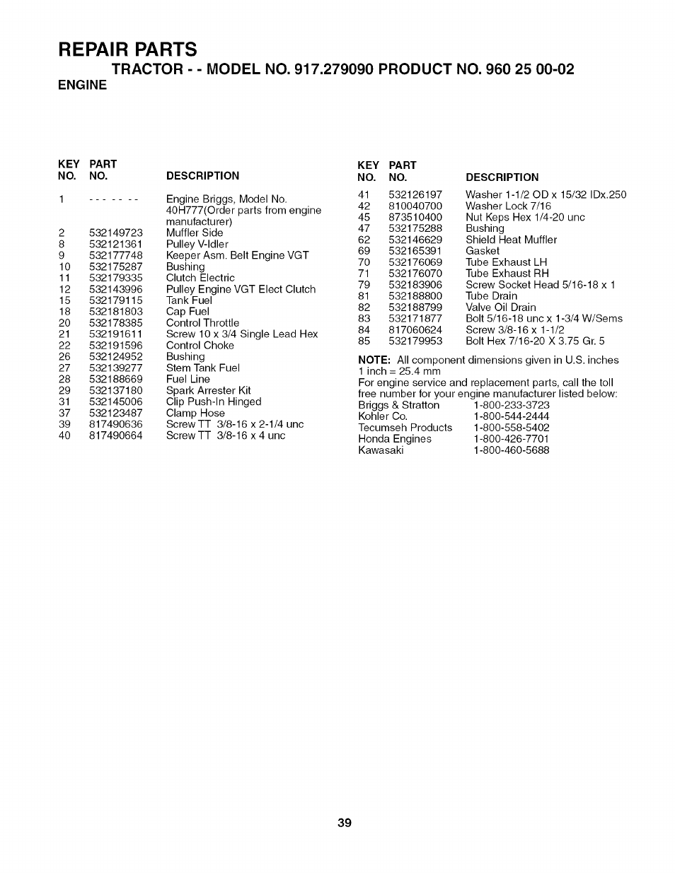 Engine, Repair parts | Husqvarna 917.27909 User Manual | Page 39 / 48