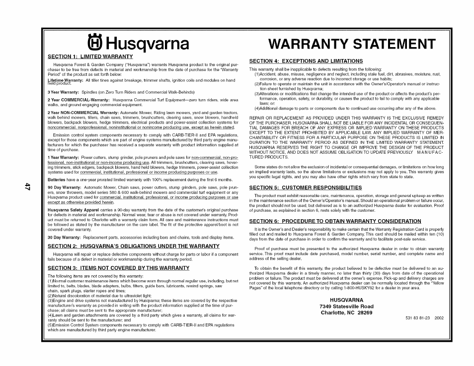Warranty statement, 0 husqvarna | Husqvarna 917.27909 User Manual | Page 47 / 48