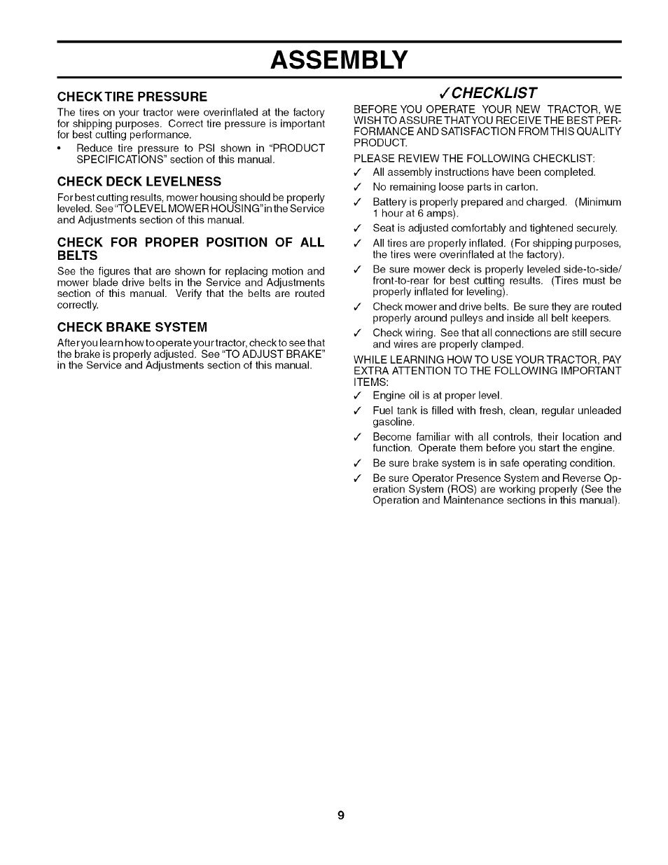 Checktire pressure, Check deck levelness, Check for proper position of all belts | Check brake system, Assembly, Checklist | Husqvarna 917.27909 User Manual | Page 9 / 48