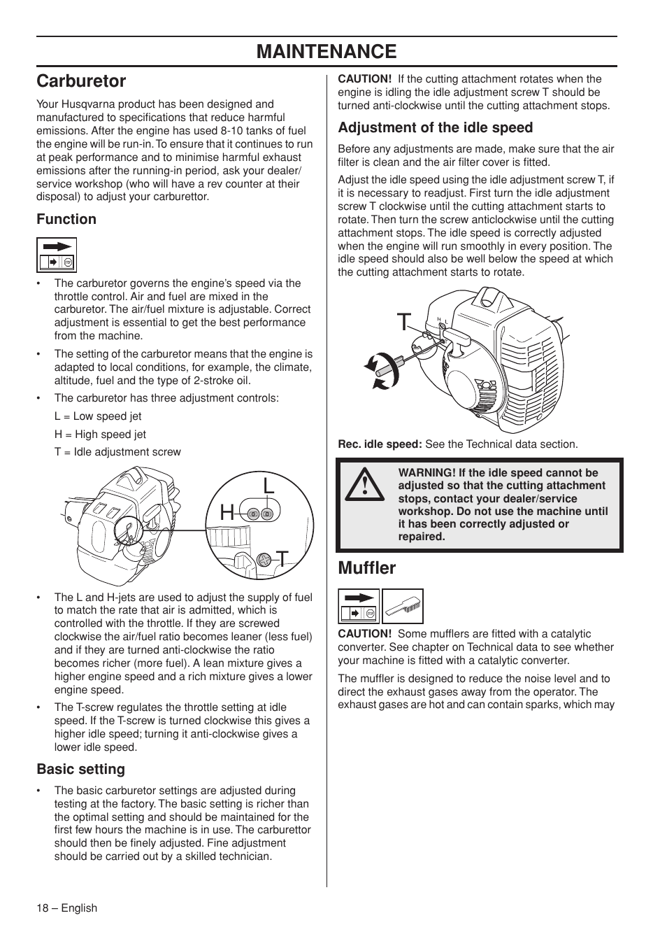 Carburetor, Function, Basic setting | Adjustment of the idle speed, Muffler, Hl t, Maintenance | Husqvarna 335LS User Manual | Page 18 / 36