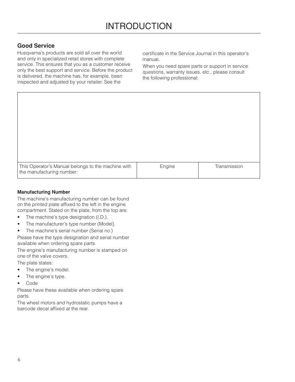 Good service, Manufacturing number, Introduction | Husqvarna 966582201 User Manual | Page 6 / 56