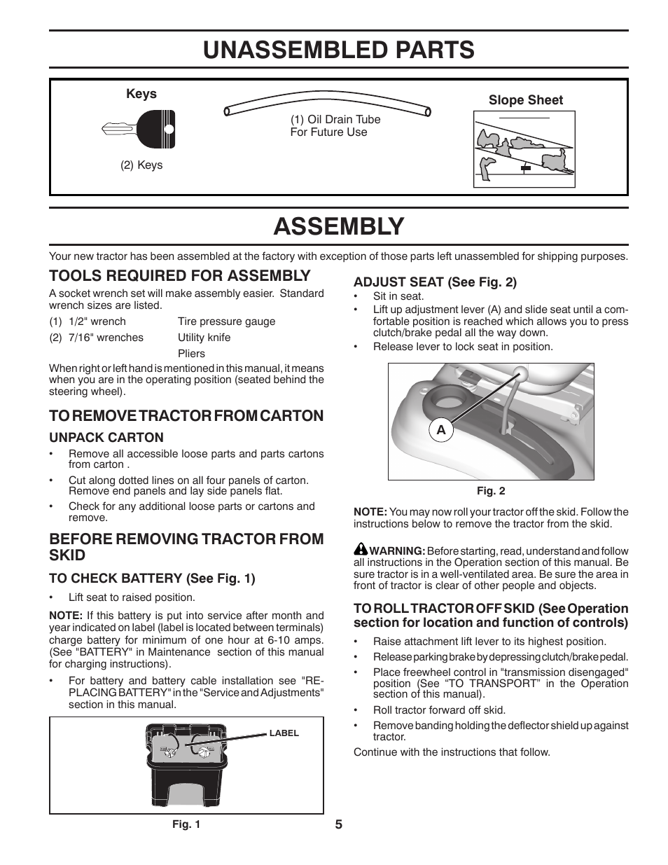 Unassembled parts, Assembly, Assembly unassembled parts | Before removing tractor from skid, Tools required for assembly | Husqvarna 917.28961 User Manual | Page 5 / 52