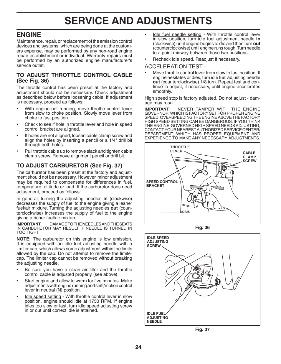 Service and adjustments, Engine | Husqvarna 917.289541 User Manual | Page 24 / 33