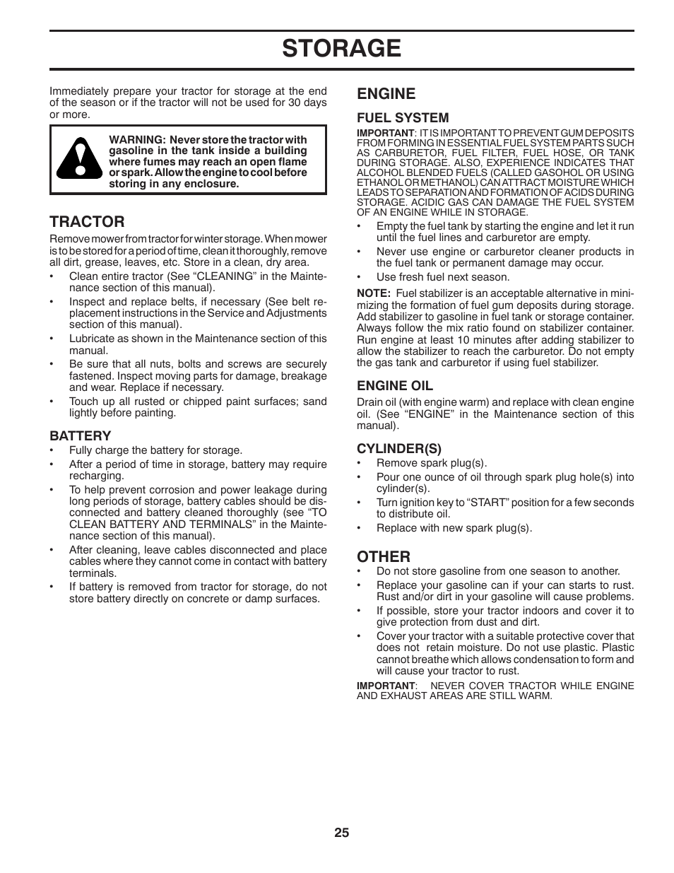 Storage, Tractor, Engine | Other | Husqvarna 917.289541 User Manual | Page 25 / 33