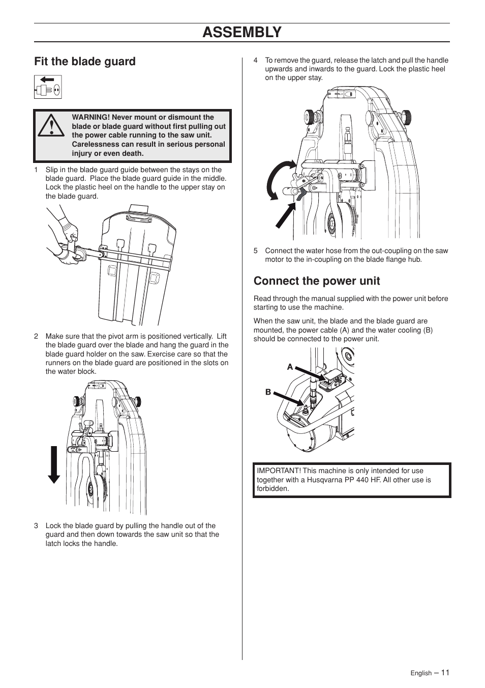 Fit the blade guard, Connect the power unit, Assembly | Husqvarna WS 440 HF User Manual | Page 11 / 17