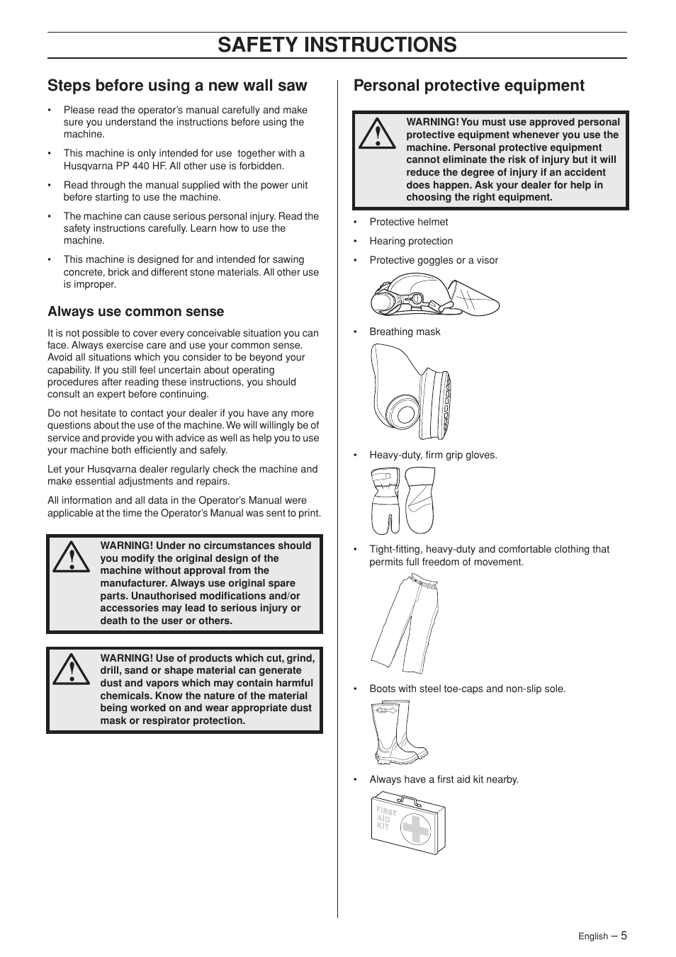 Steps before using a new wall saw, Always use common sense, Personal protective equipment | Safety instructions | Husqvarna WS 440 HF User Manual | Page 5 / 17