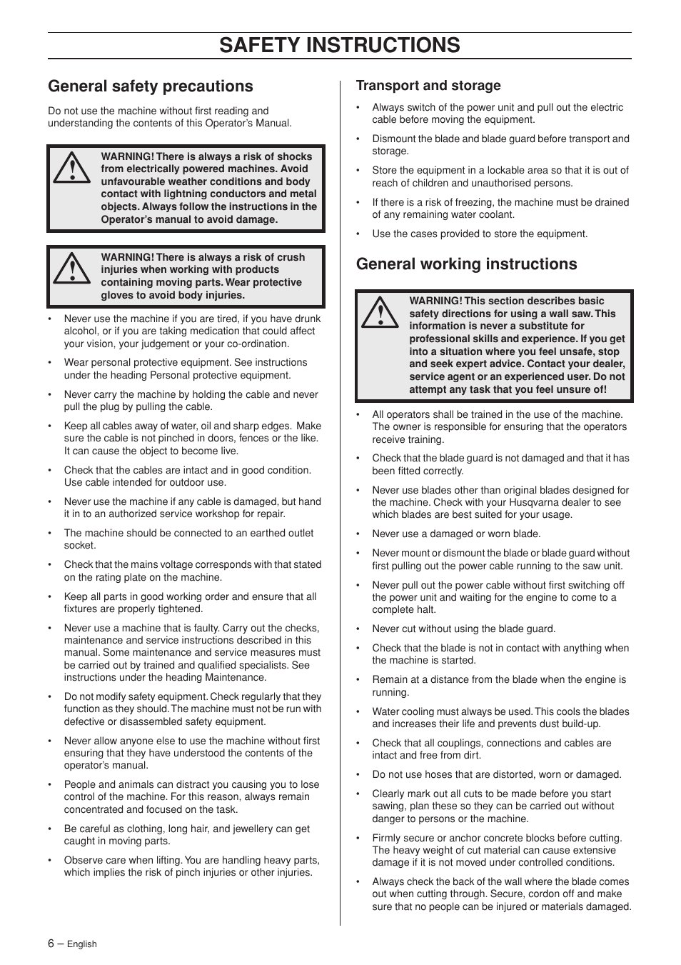 General safety precautions, Transport and storage, General working instructions | Safety instructions | Husqvarna WS 440 HF User Manual | Page 6 / 17