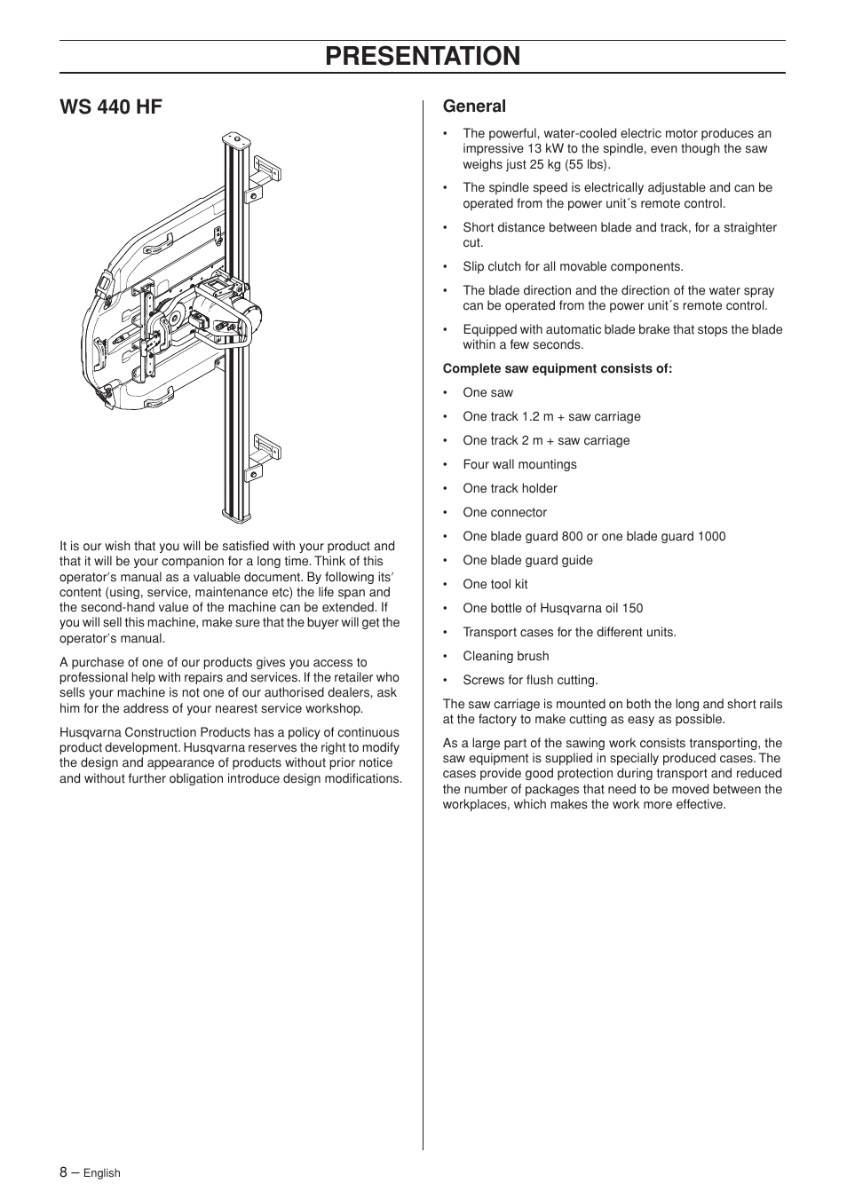 Ws 440 hf, General, Presentation | Husqvarna WS 440 HF User Manual | Page 8 / 17