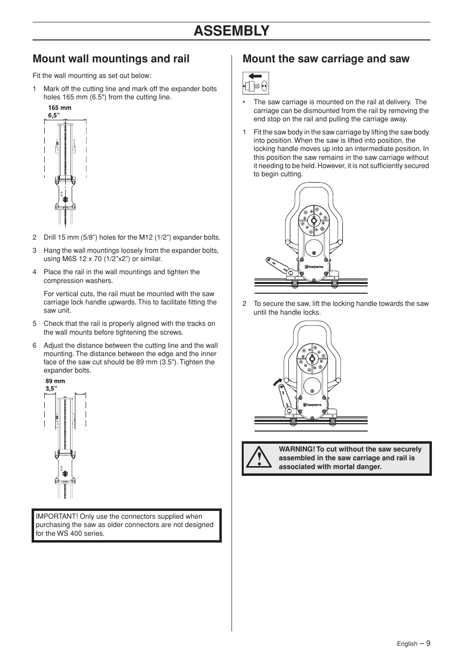 Mount wall mountings and rail, Mount the saw carriage and saw, Assembly | Husqvarna WS 440 HF User Manual | Page 9 / 17