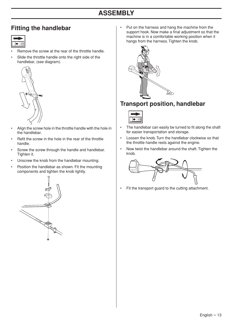 Fitting the handlebar, Transport position, handlebar, Assembly | Husqvarna 324RX User Manual | Page 13 / 40