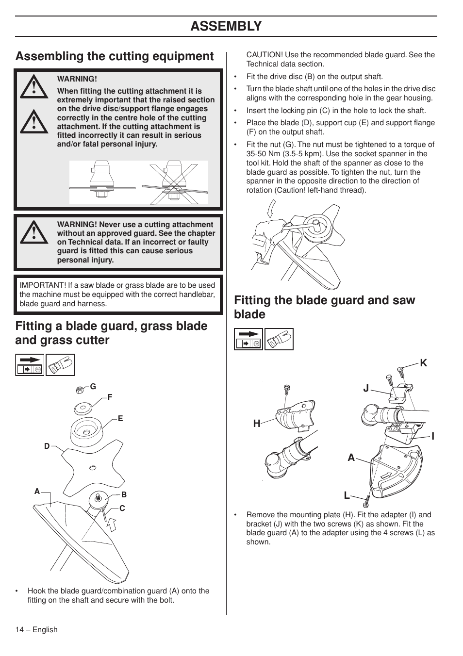Assembling the cutting equipment, Fitting the blade guard and saw blade, Assembly | Husqvarna 324RX User Manual | Page 14 / 40