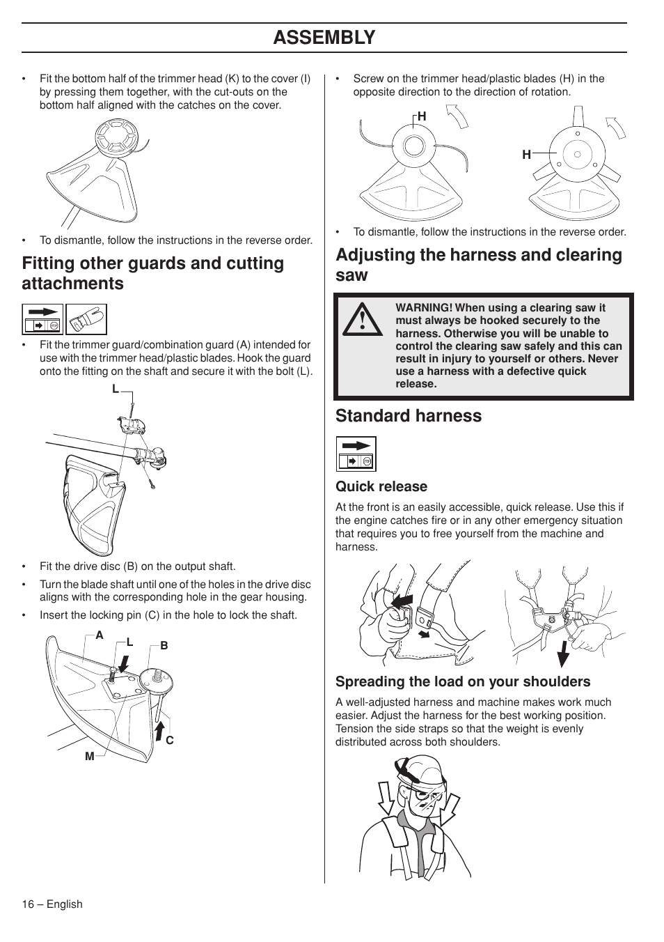 Fitting other guards and cutting attachments, Adjusting the harness and clearing saw, Standard harness | Quick release, Spreading the load on your shoulders, Assembly | Husqvarna 324RX User Manual | Page 16 / 40