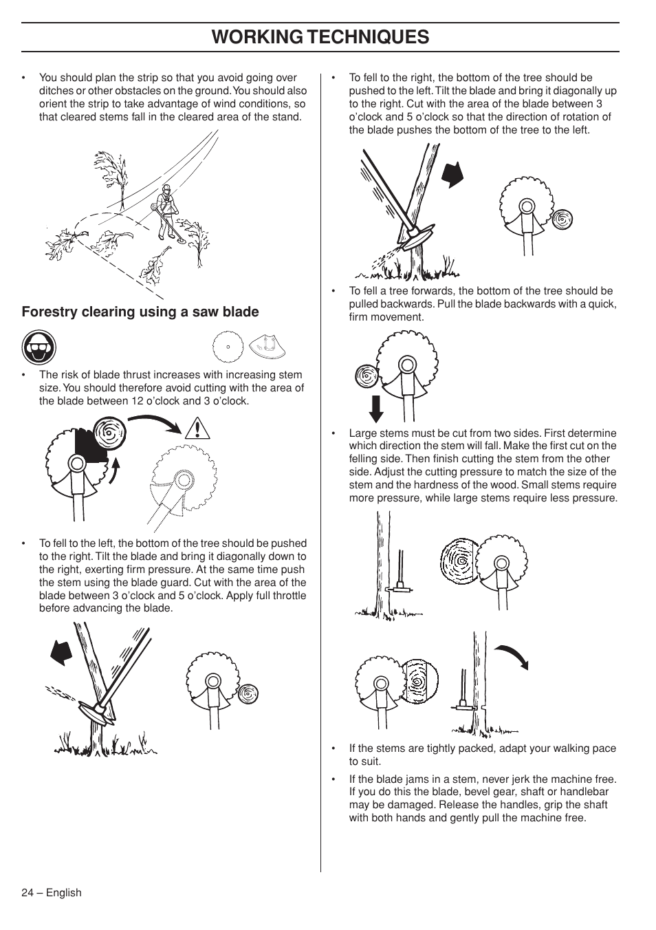 Forestry clearing using a saw blade, Working techniques | Husqvarna 324RX User Manual | Page 24 / 40