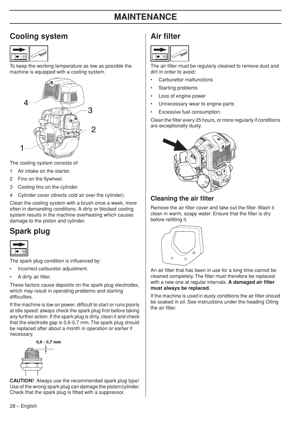 Cooling system, Spark plug, Air filter | Cleaning the air filter, Maintenance | Husqvarna 324RX User Manual | Page 28 / 40