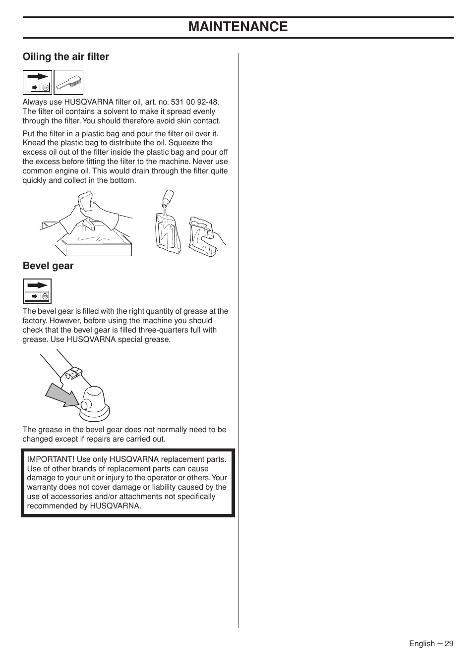 Oiling the air filter, Bevel gear, Maintenance | Husqvarna 324RX User Manual | Page 29 / 40