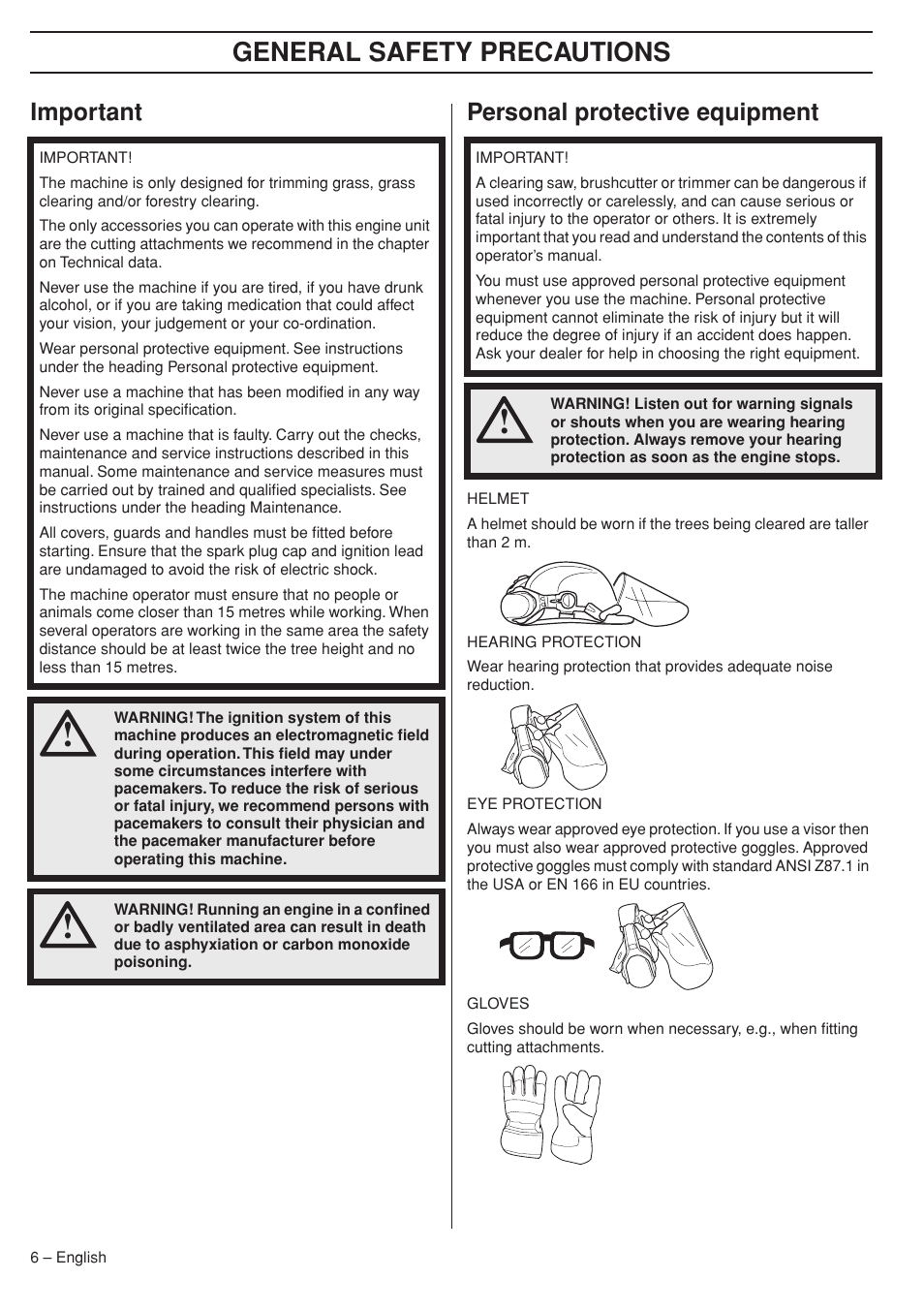 Important, Personal protective equipment, General safety preca utions | Impor tant personal protective equipment | Husqvarna 324RX User Manual | Page 6 / 40