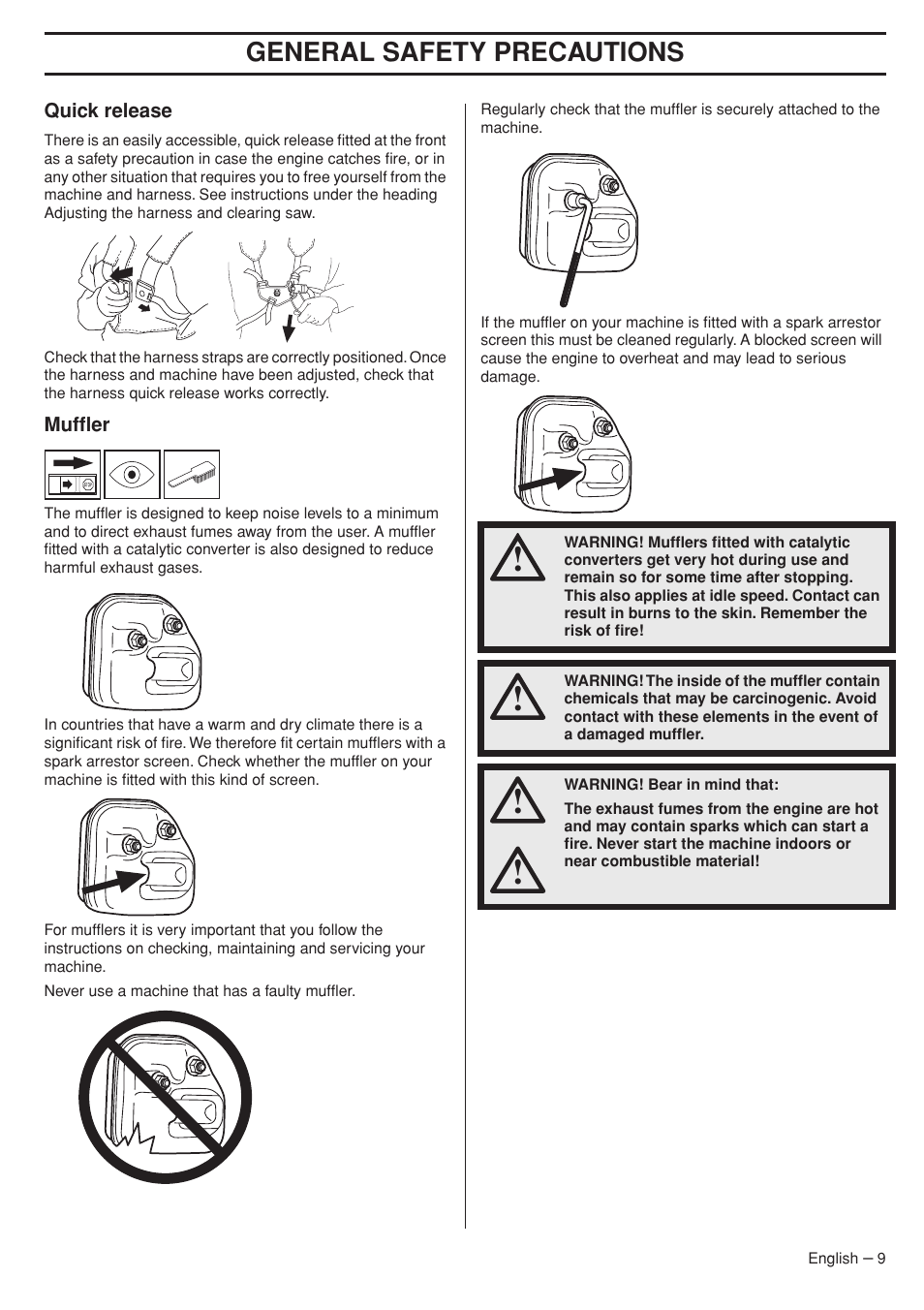 Quick release, Muffler, General safety precautions | Husqvarna 324RX User Manual | Page 9 / 40