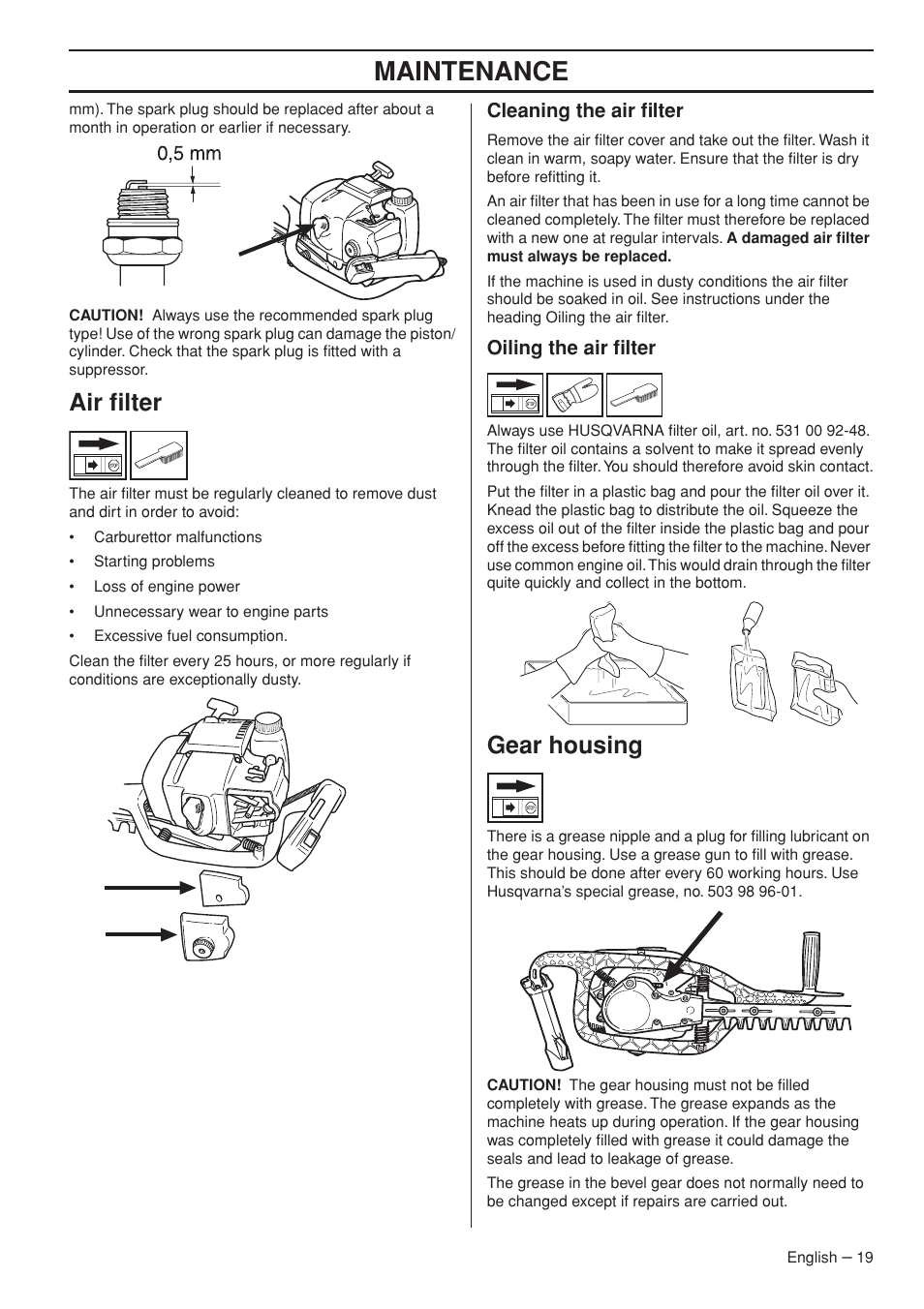 Air filter, Cleaning the air filter, Oiling the air filter | Gear housing, Maintenance | Husqvarna 325HS99X User Manual | Page 19 / 28
